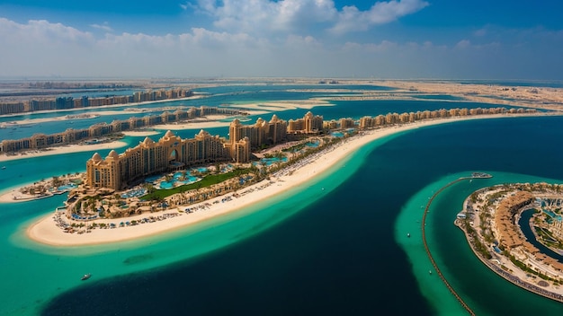 Aerial view on city by water Discover the Luxurious Atlantis Hotel A Gem on Dubois Palm Island Since 2008 Aerial view of Dubai city from the top of a tower