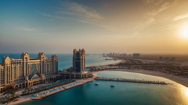 Aerial view on city by water Discover the Luxurious Atlantis Hotel A Gem on Dubois Palm Island Since 2008 Aerial view of Dubai city from the top of a tower