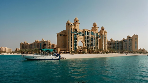 Aerial view on city by water Discover the Luxurious Atlantis Hotel A Gem on Dubois Palm Island Since 2008 Aerial view of Dubai city from the top of a tower