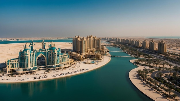 Aerial view on city by water Discover the Luxurious Atlantis Hotel A Gem on Dubois Palm Island Since 2008 Aerial view of Dubai city from the top of a tower