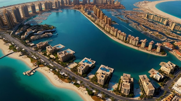 Aerial view on city by water Discover the Luxurious Atlantis Hotel A Gem on Dubois Palm Island Since 2008 Aerial view of Dubai city from the top of a tower