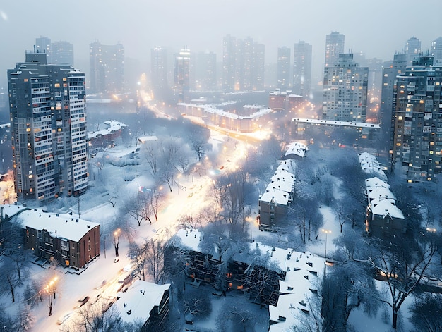 Photo aerial view of a city covered in snow during a winter evening with streetlights glowing