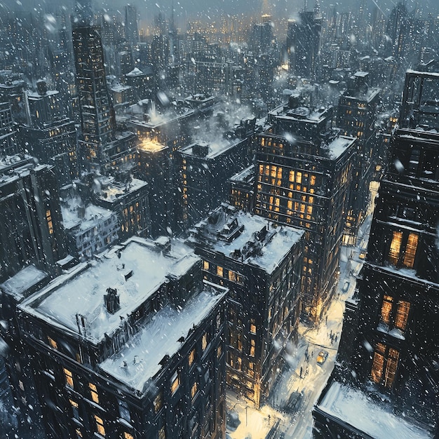 Photo aerial view of a city covered in snow with buildings lit up and traffic on the streets below