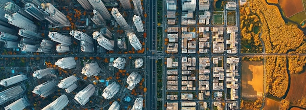 Aerial View of a City Divided by a Lush Autumn Forest