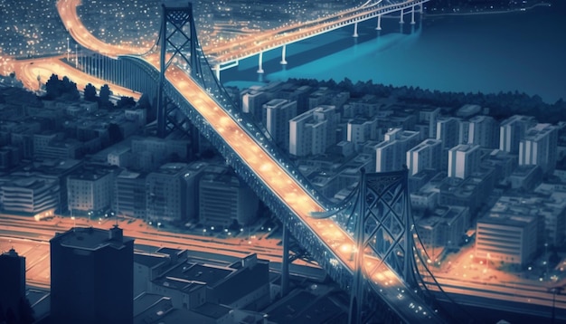 Aerial view of a city downtown and bridge background