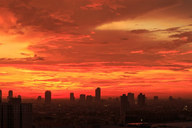 Aerial view of the city at dusk