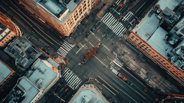 Aerial View of a City Intersection with Buildings and Vehicles