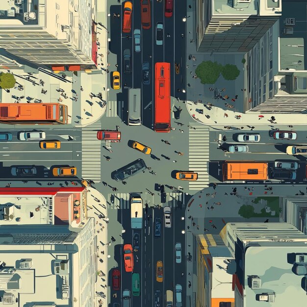 Photo an aerial view of a city intersection with traffic pedestrians and buildings