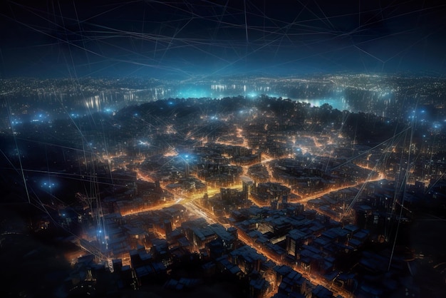 Aerial view of the city at night with stars and clouds Generative AI