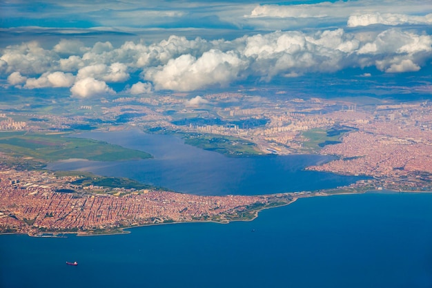 Aerial view of the city and sea sunny day