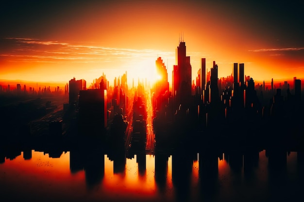 An aerial view of a city skyline during sunrise