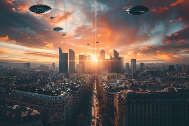 Photo aerial view of a city at sunset with multiple flying saucers in the sky