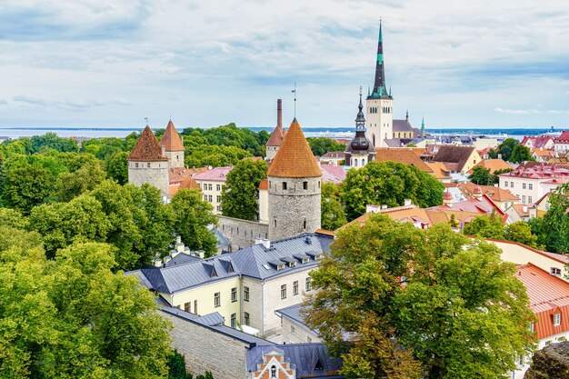 Aerial view of the city of Tallinn with its medieval towers and clouds at sunset. Estonia.