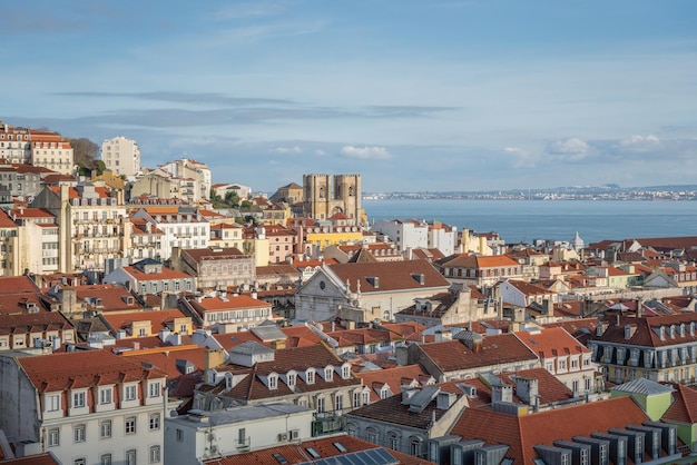 Aerial view of city with Lisbon Cathedral Se de Lisboa Lisbon Portugal