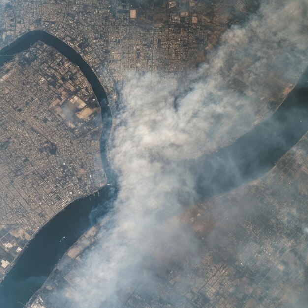 Photo aerial view of a city with smoke plume rising from a fire