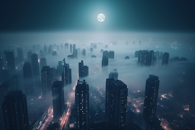 Aerial View of Cityscape in Foggy Night with Advance Technology Skyscraper Building