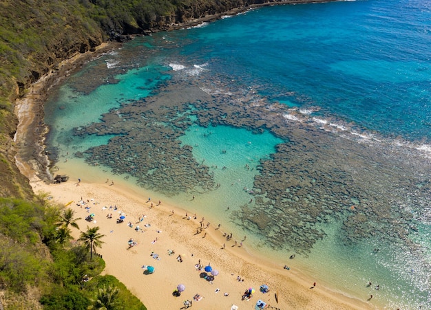 Aerial view of the clear water of Hanauma Bay nature preserve near Waikiki on Oahu Hawaii