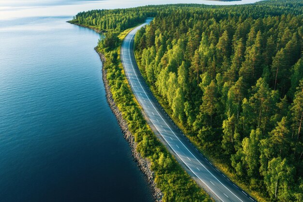 Aerial view of coastline road with green woods and blue lakes water in summer Finland