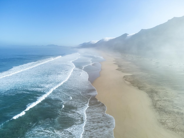 Aerial view of Cofete beach Jandia Natural Park south of Fuerteventura Canary Islands