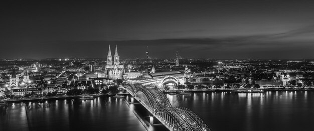 A aerial view of Cologne city at night in black and white colors Germany. Taken outside with a 5D mark III.