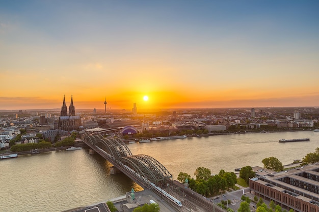 A aerial view of cologne city at sunset in germany. Taken outside with a 5D mark III.