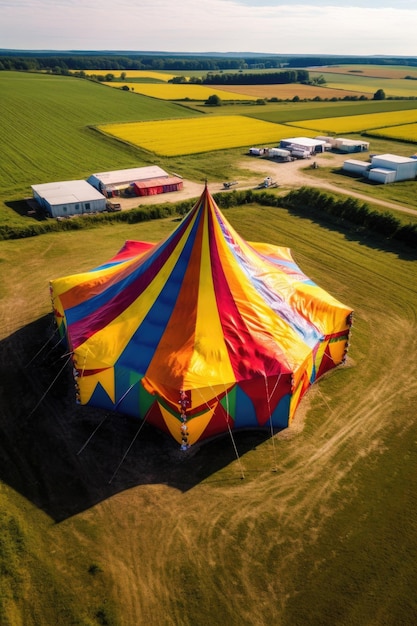 Aerial view of a colorful circus tent in a field created with generative ai