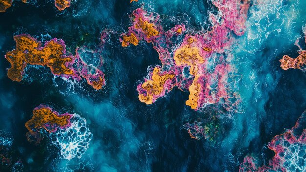 Photo aerial view of colorful coral reef underwater with blue water and white foam