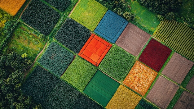 Aerial View of Colorful Farmland Fields with Geometric Patterns