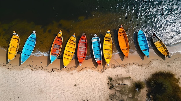 Aerial view of colorful kayaks lined up on a sandy beach by turquoise waters