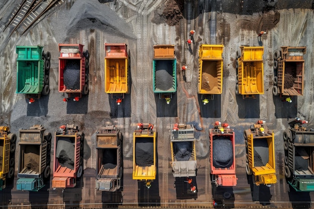 Aerial view of a colorful mining truck convoy in a quarry