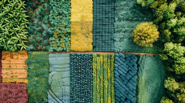 Photo aerial view of a colorful patchwork of agricultural fields with diverse crops and greenery divided by dirt paths