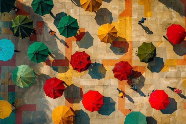 Photo aerial view of colorful umbrellas casting shadows on a sunny day creating a vibrant and geometric pattern on the ground