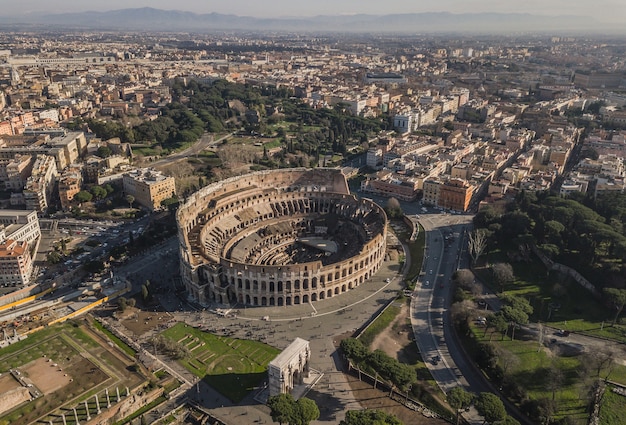 Aerial view of Colosseum at sunny day. Rome, Italy