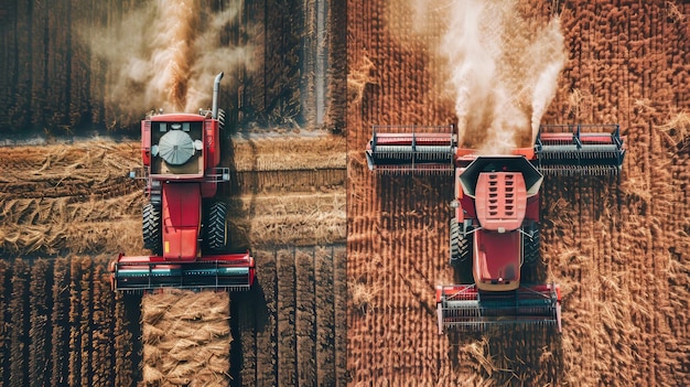 Photo aerial view of a combine harvester operating on a field against a picturesque sunset backdrop