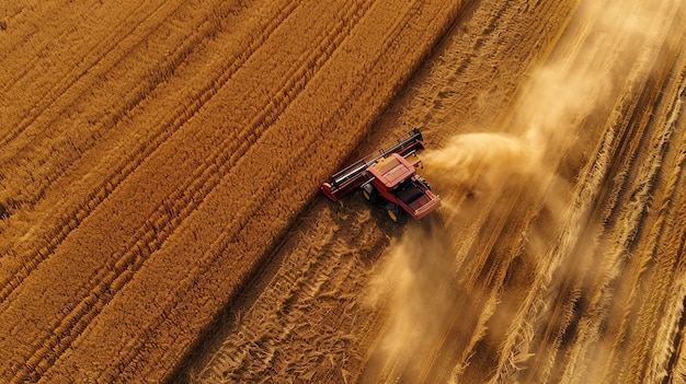 Aerial view of a combine harvester working in a field of wheat