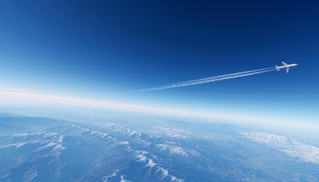 Aerial view of commercial airplane flying above the clouds smoke trail behind