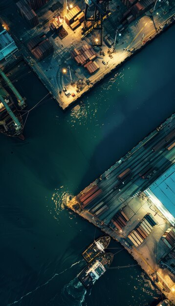 Aerial View of a Commercial Harbor with Surveillance Cameras Monitoring Docks and Cargo Ships