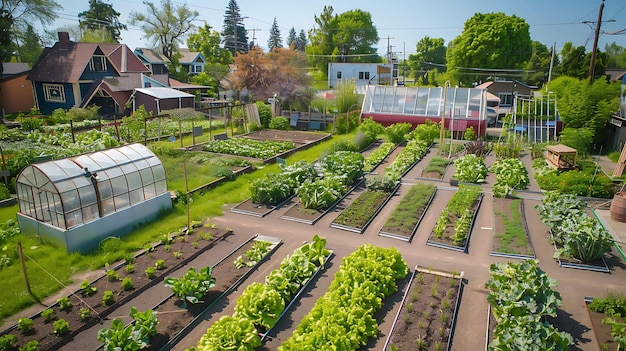 An aerial view of a community garden in the city