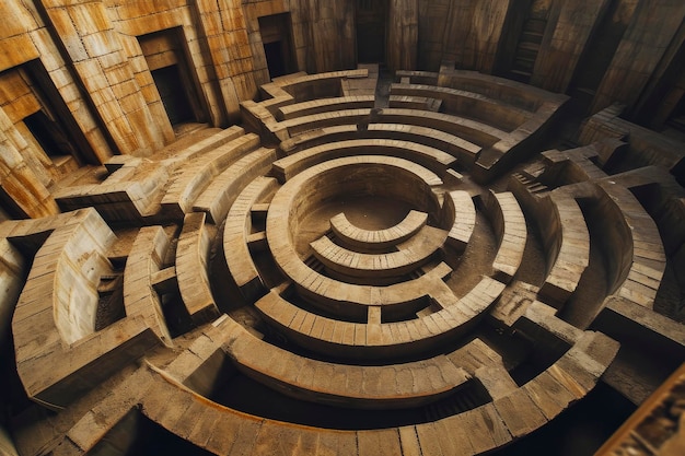 Aerial view of a complex circular labyrinth made of stone symbolizing challenge and strategy