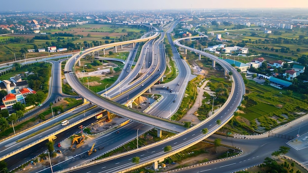 Aerial view of a complex highway interchange with cars and trucks driving through