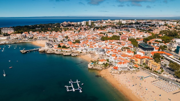 Aerial view of Conceicao and Duquesa beaches in Cascais Portugal during a summer day