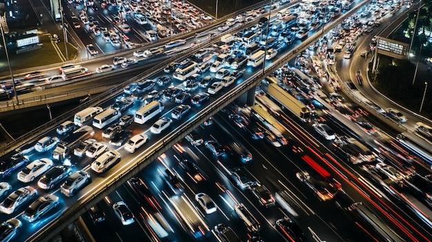 Photo aerial view of a congested multilane highway showing a heavy traffic jam with vehicles bumper to b