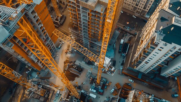 Photo aerial view of construction site with cranes