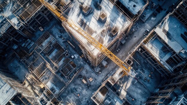 Aerial View of Construction Site with a Yellow Crane