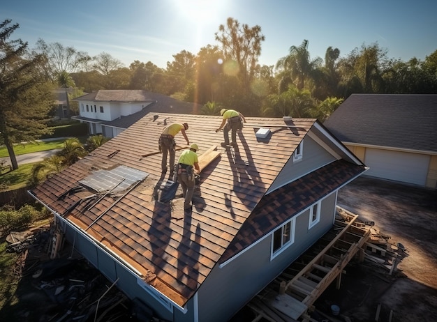 Aerial view of construction workers installing shingles on a roof of house in suburban neighborhood