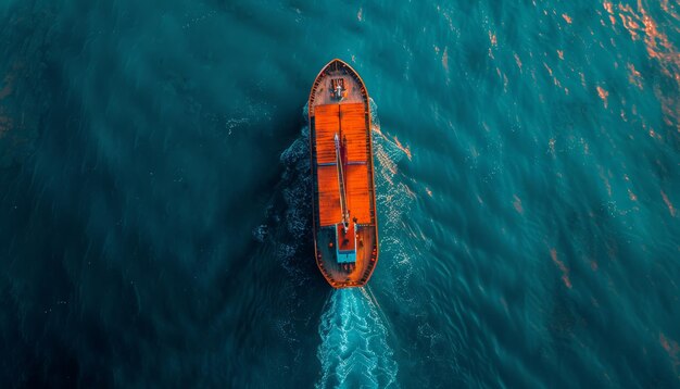 Aerial view of container ship carrying cargo for import export on the open sea