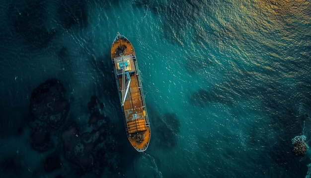 Aerial view of container ship carrying cargo for import export on the open sea