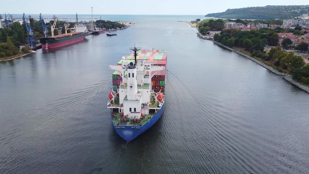 Aerial view container ship logistics import export shipping or transportation concept background