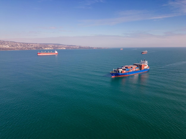 Aerial view container ship shipping or transportation concept background