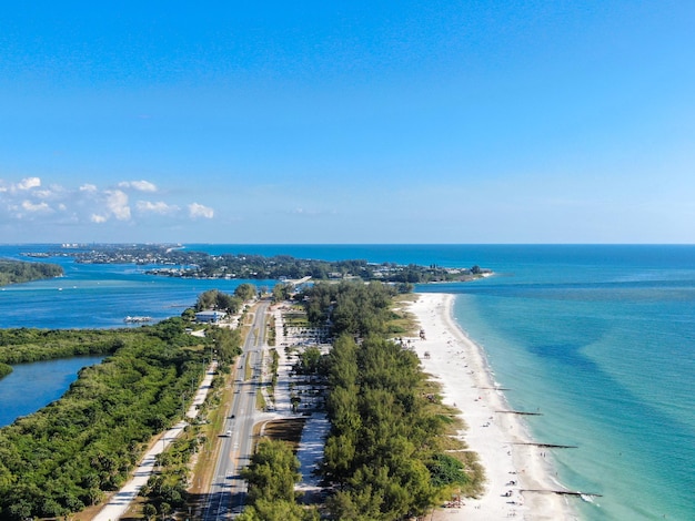 Aerial view of Coquina Beach with white sand beach and the main road Anna Maria Island Florida USA